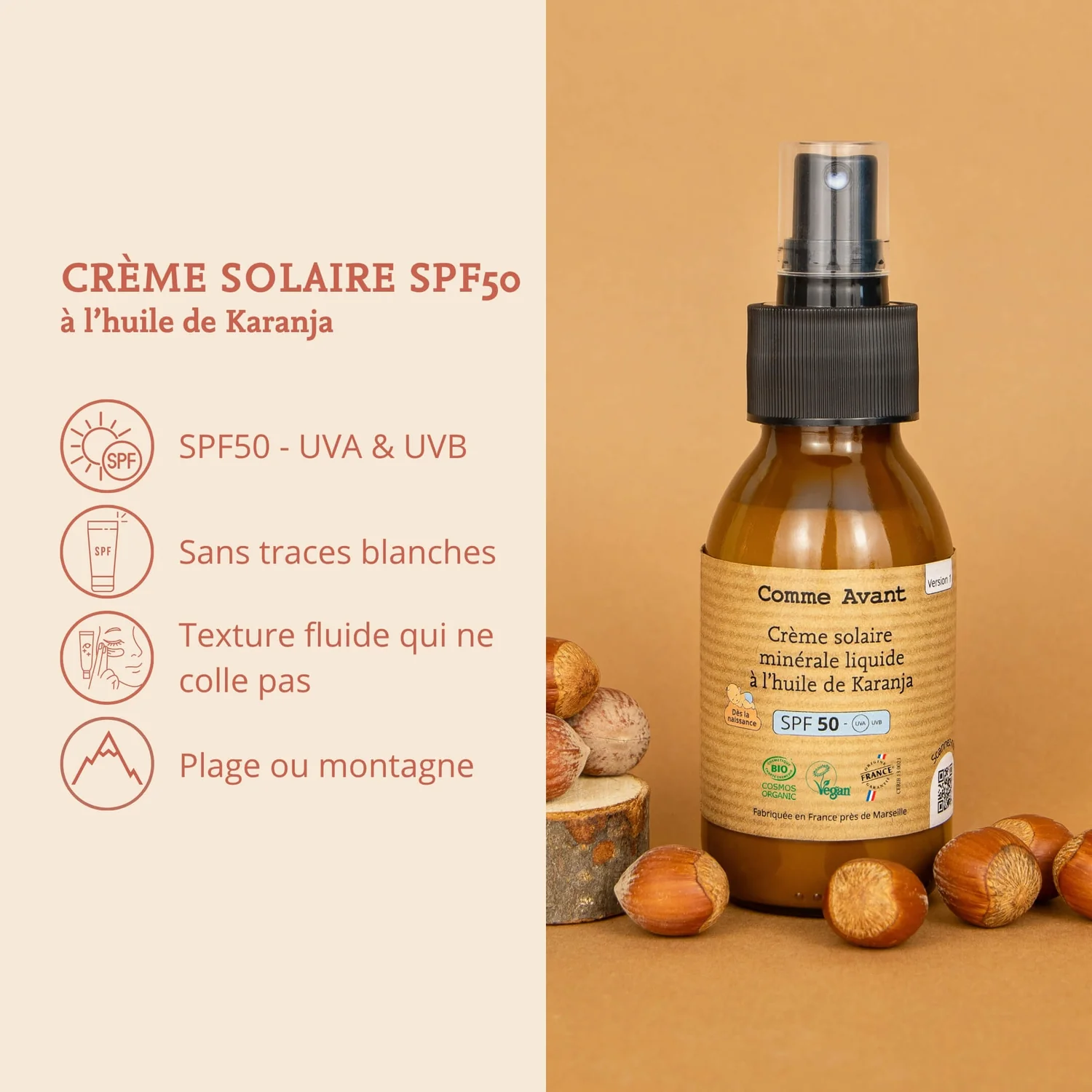 Crème solaire SPF50 minérale liquide à l'huile de Karanja- Comme Avant – Image 2